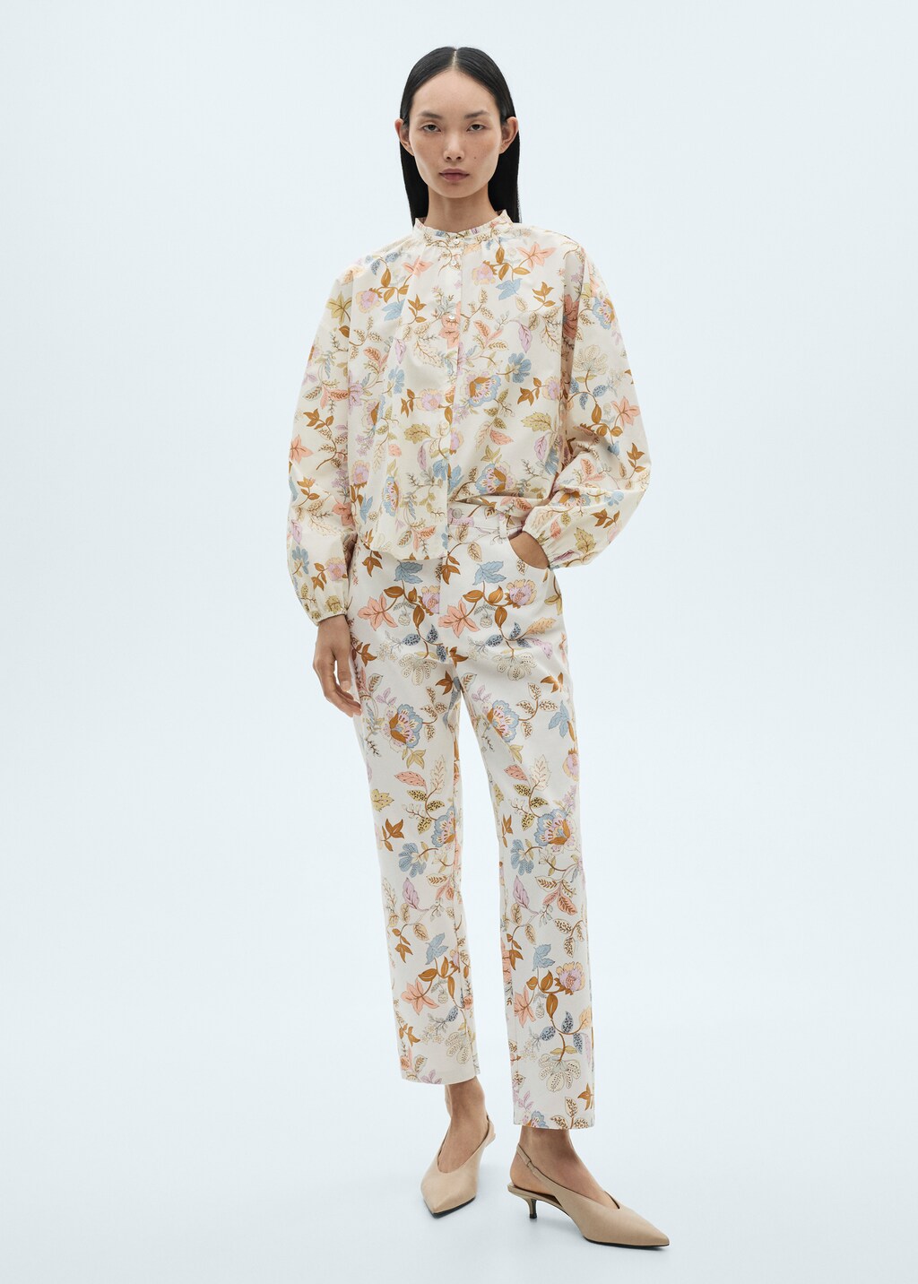 Floral print straight trousers - Ecru