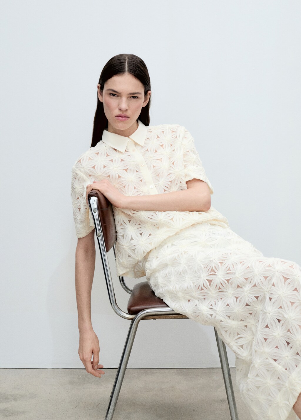 Openwork floral textured shirt - Ecru