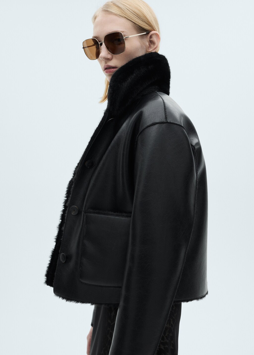 Double-sided leather-effect jacket with pockets - Black