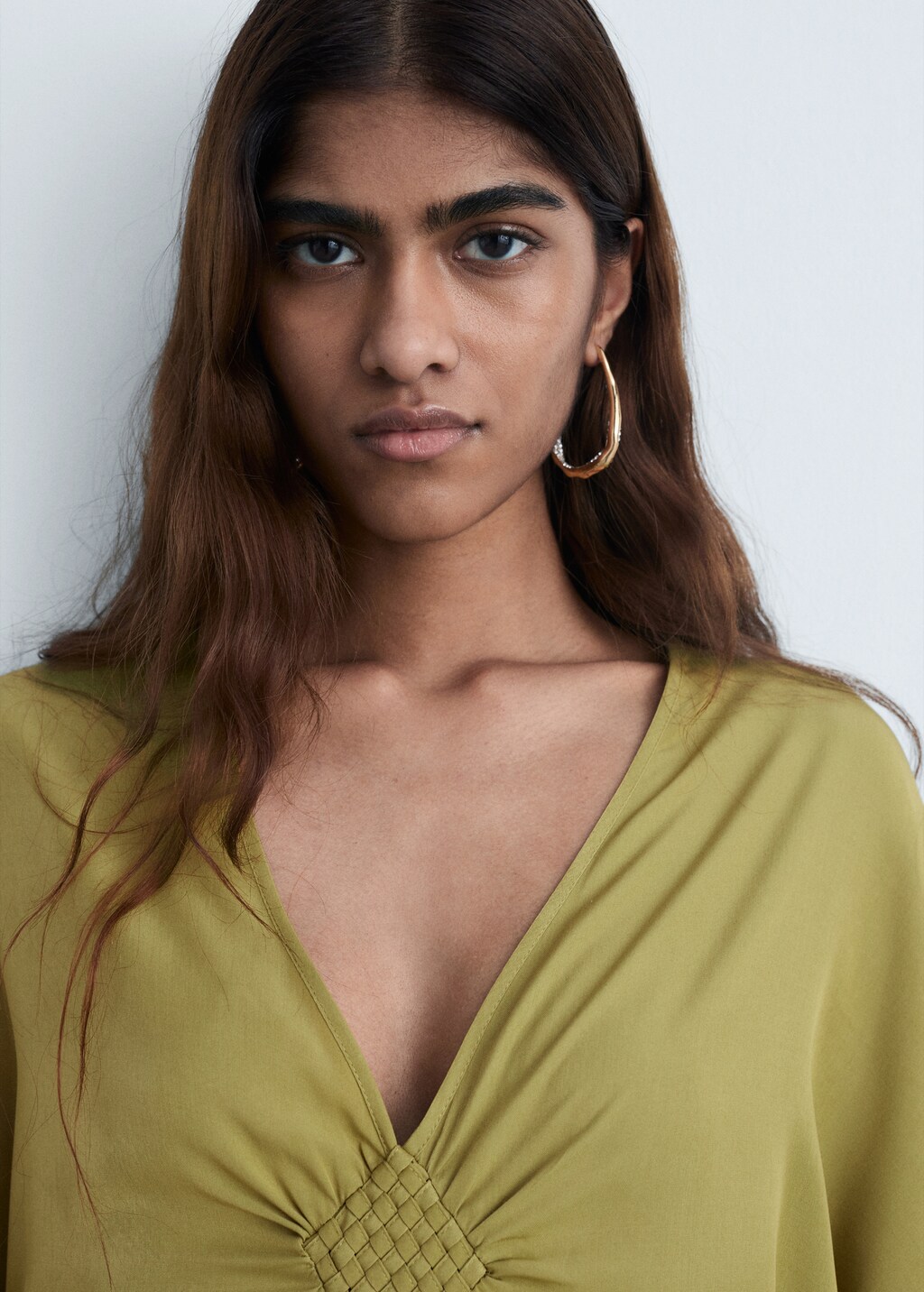 Flared-sleeve satin dress - Olive Green