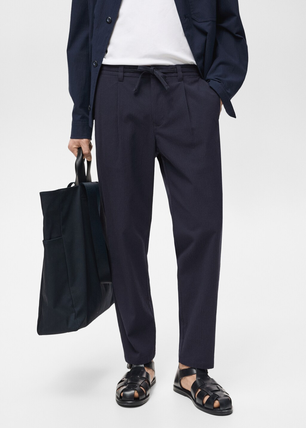 Seersucker cotton trousers - Night Blue