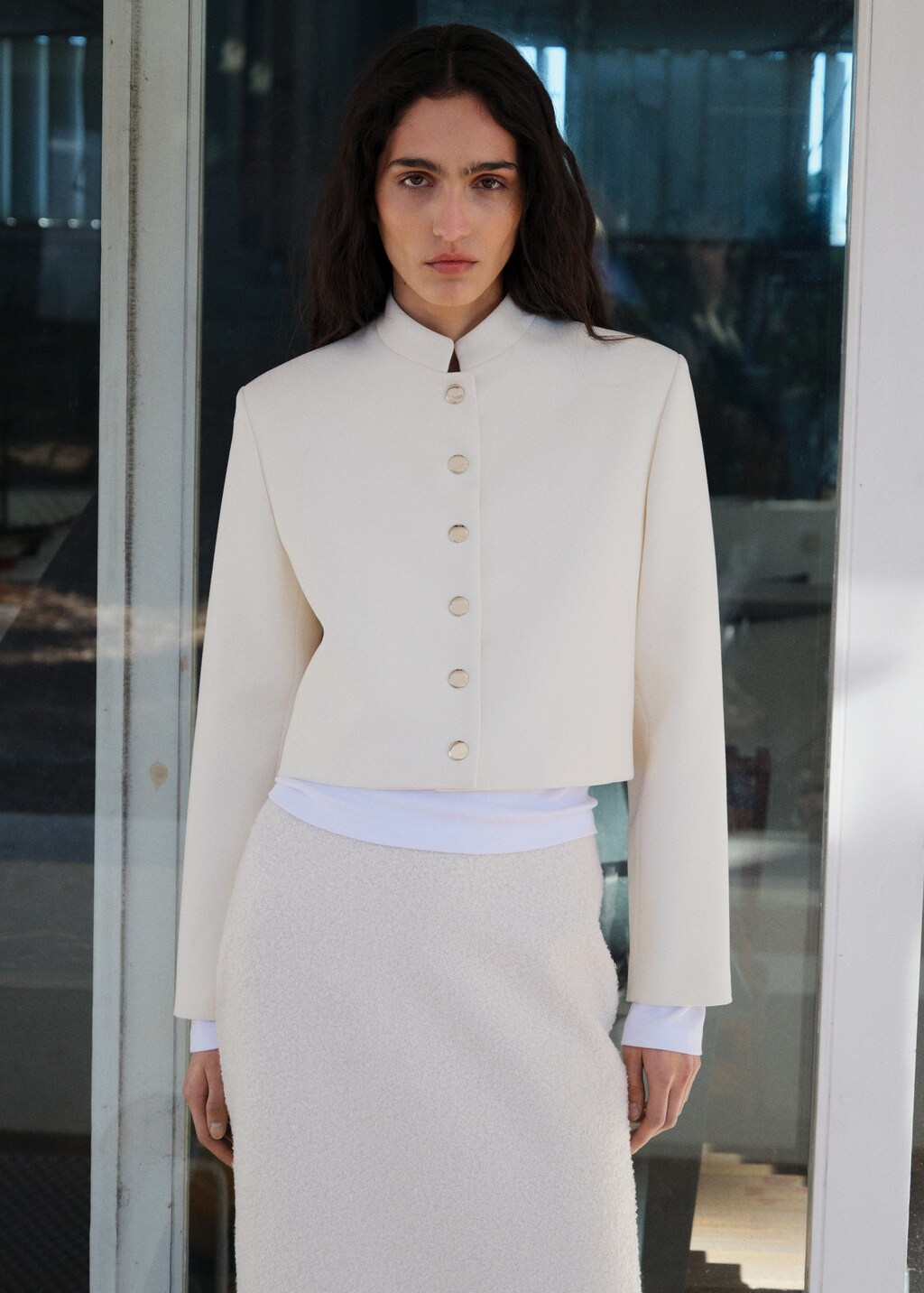 Strip-neck cropped jacket - Ecru