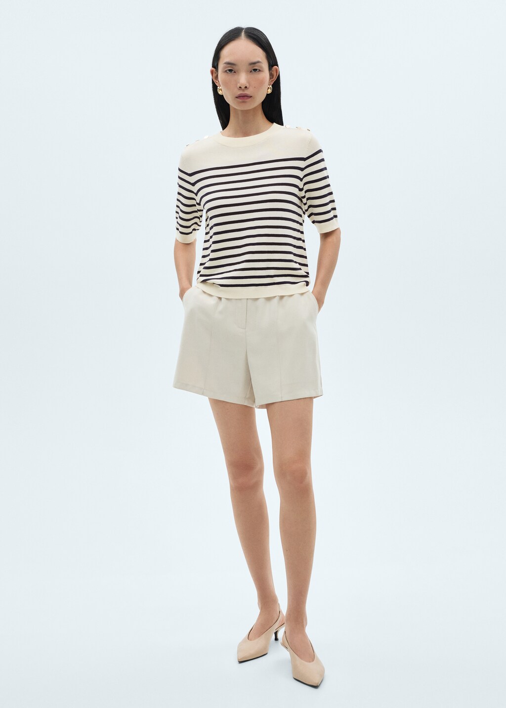 Buttoned striped T-shirt - Natural
