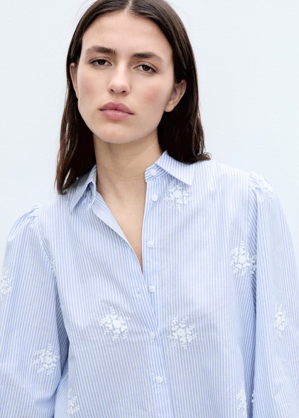 Flower embroidered striped shirt - Sky Blue