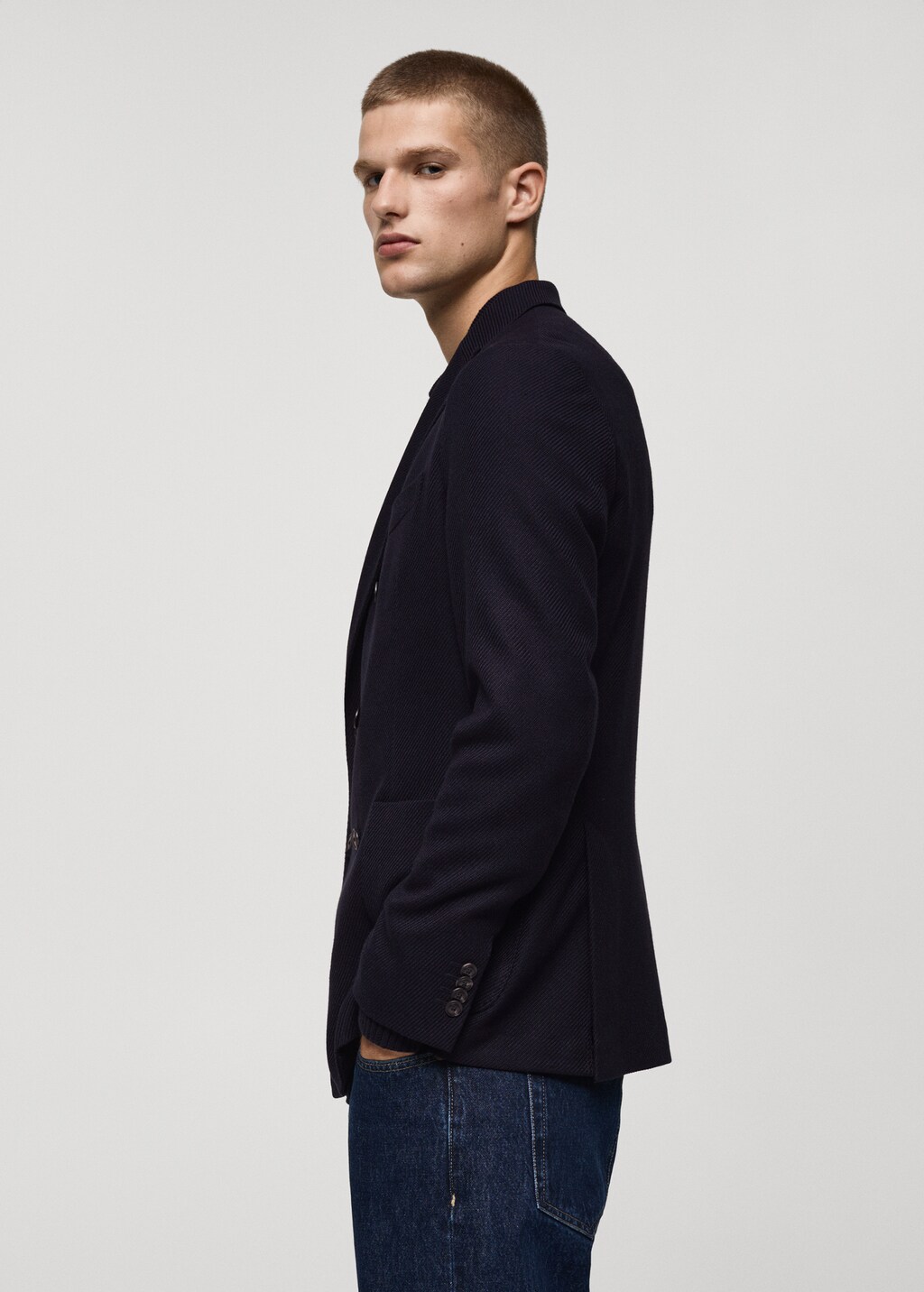 Twill slim-fit double-breasted jacket - Dark Navy