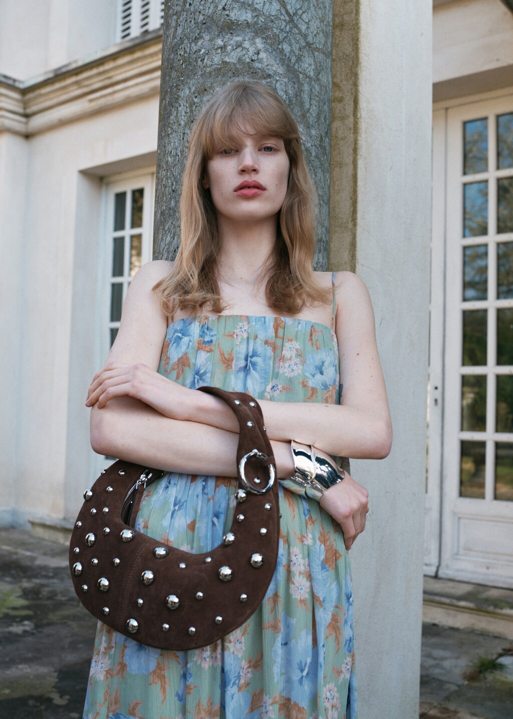 Leather handbag with metallic-balls appliqué - Chocolate