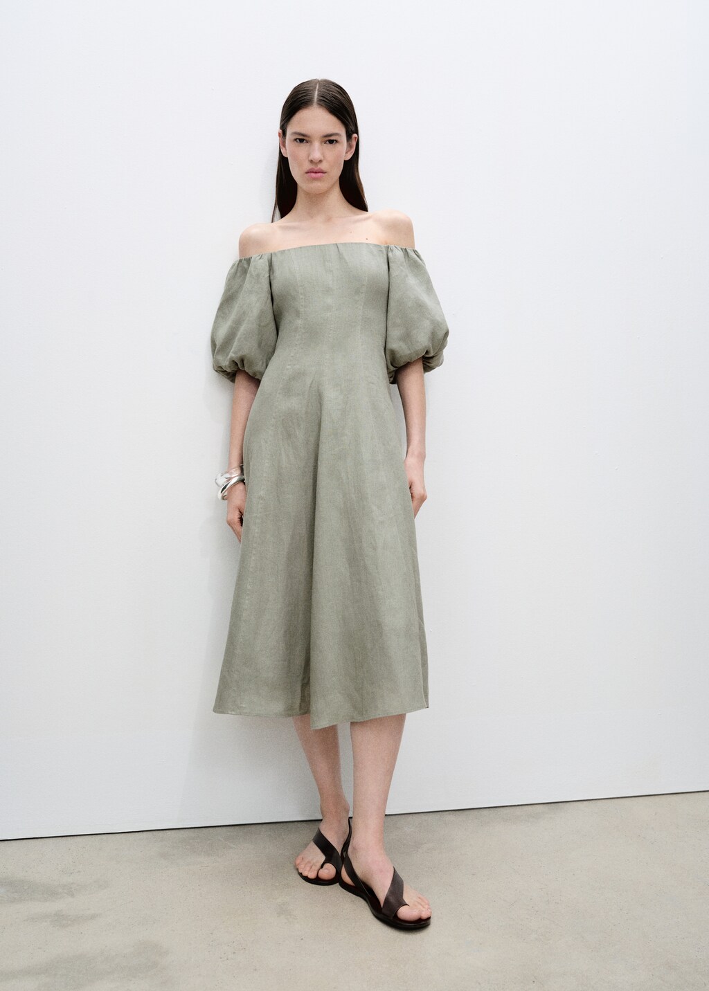 Puffed-sleeve linen dress - Green