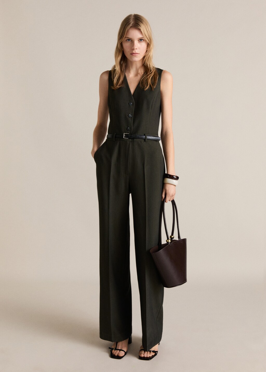 Pinstripe jumpsuit with belt - Billiard Green