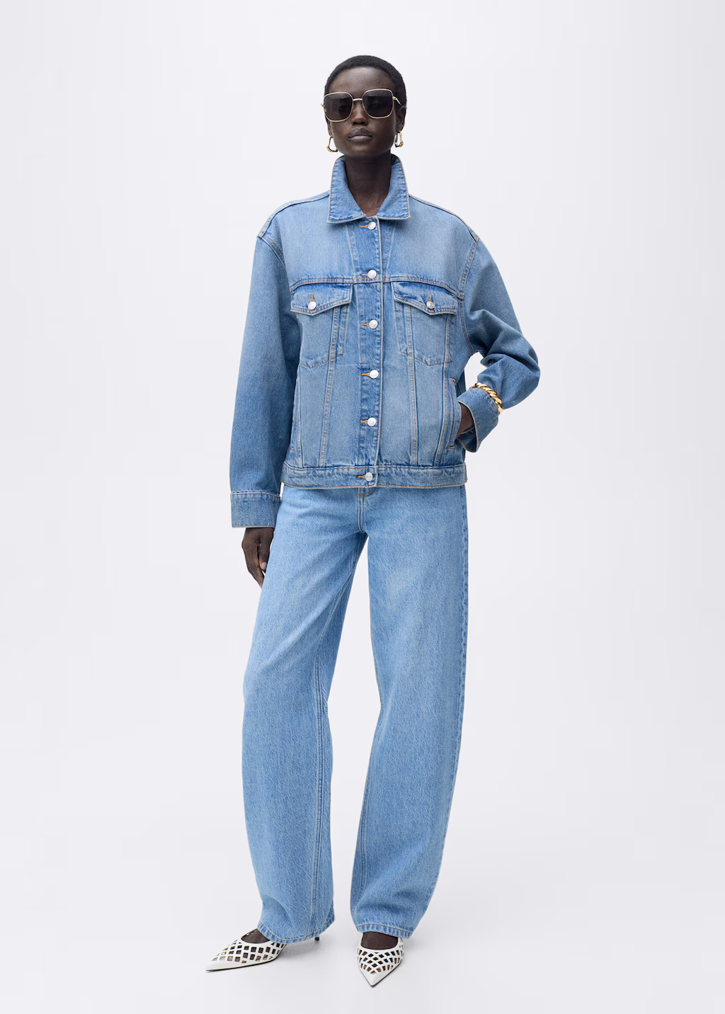 Oversized denim jacket with pockets - Medium Blue