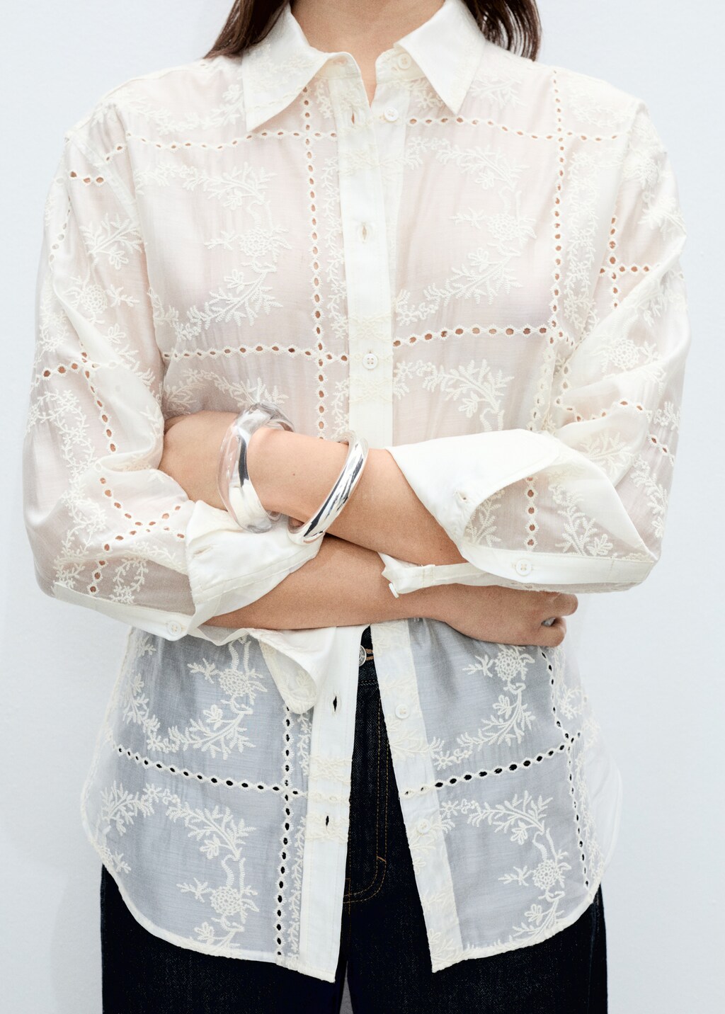 Flower embroidered lyocell shirt - Ecru