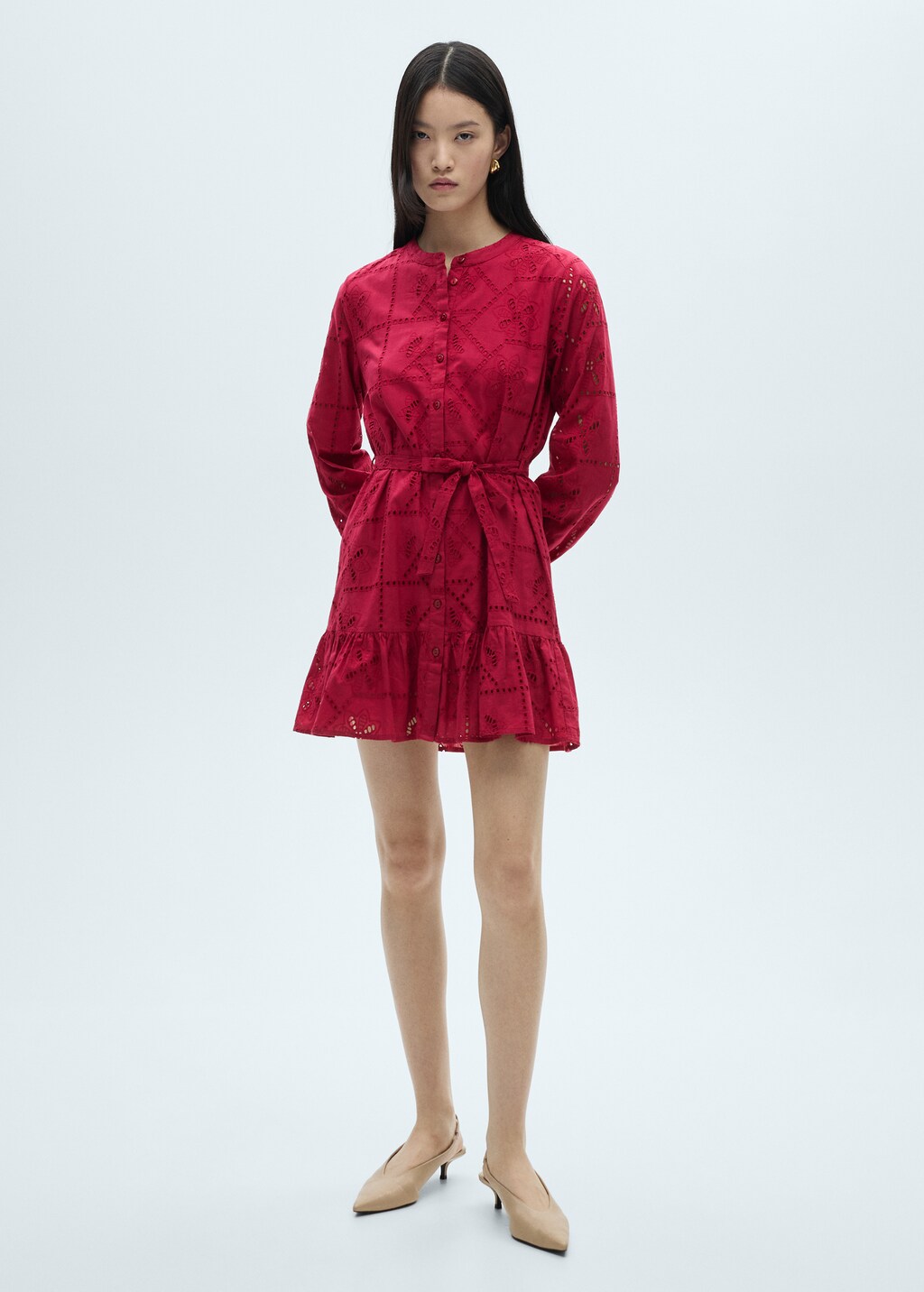 Ruffled dress with embroidered openwork - Strawberry