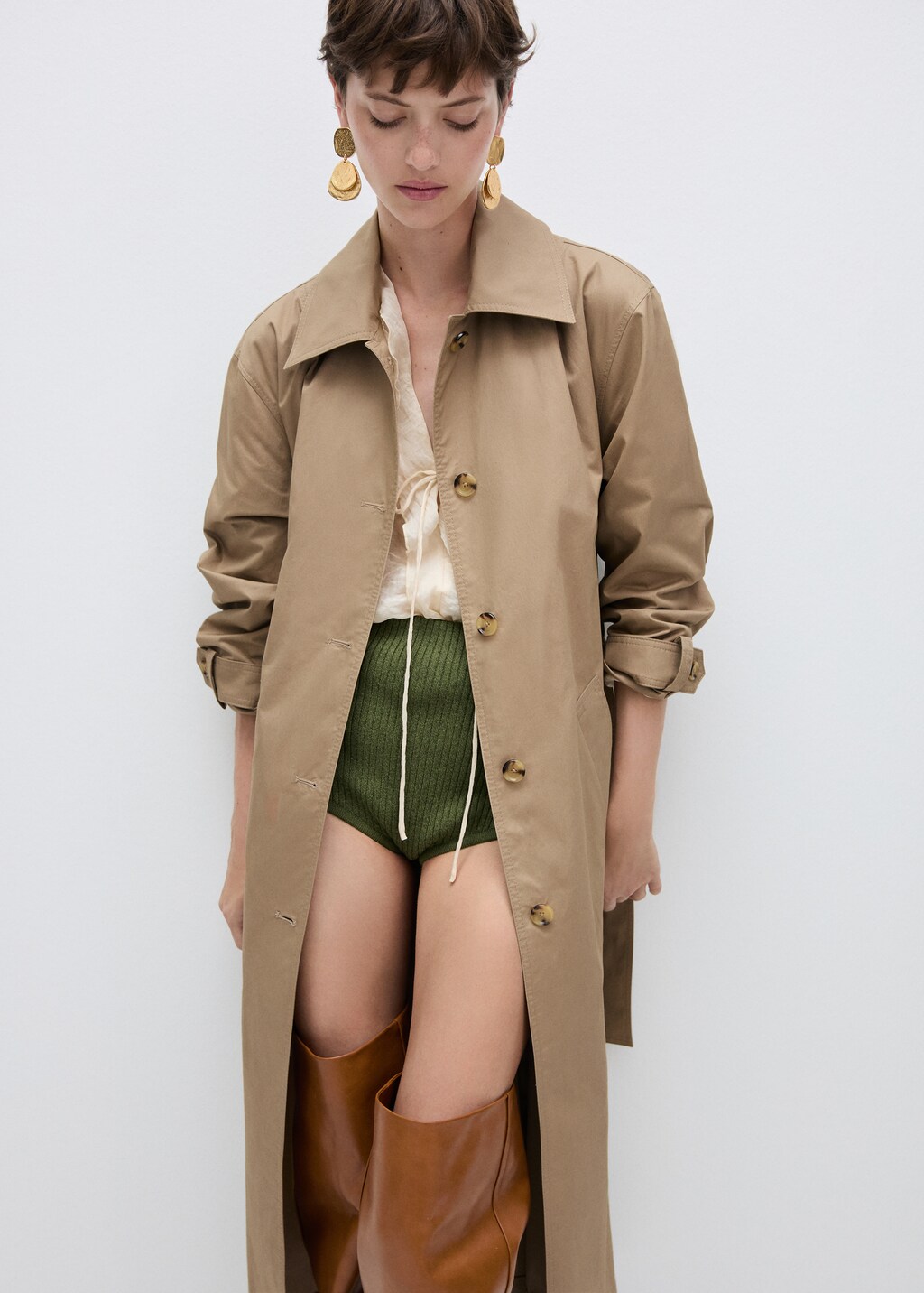 Cotton trench coat with shirt collar - Beige