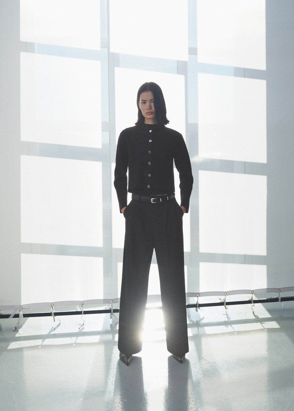 Jacket with jewel-button strip collar - Black