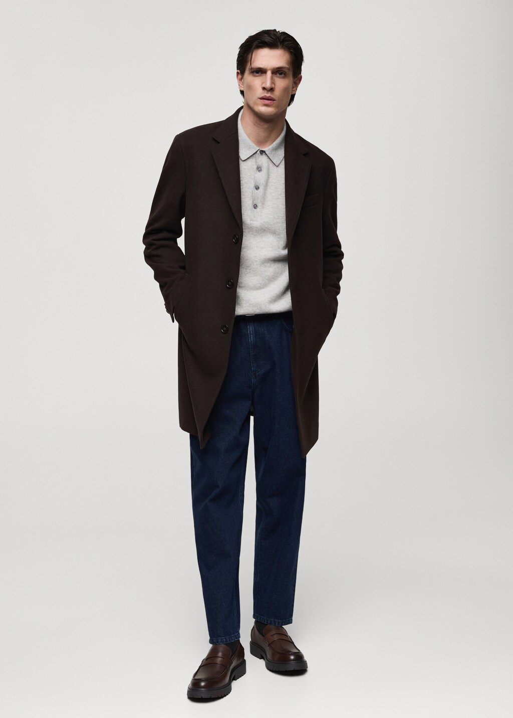 Long recycled wool coat - Medium Brown