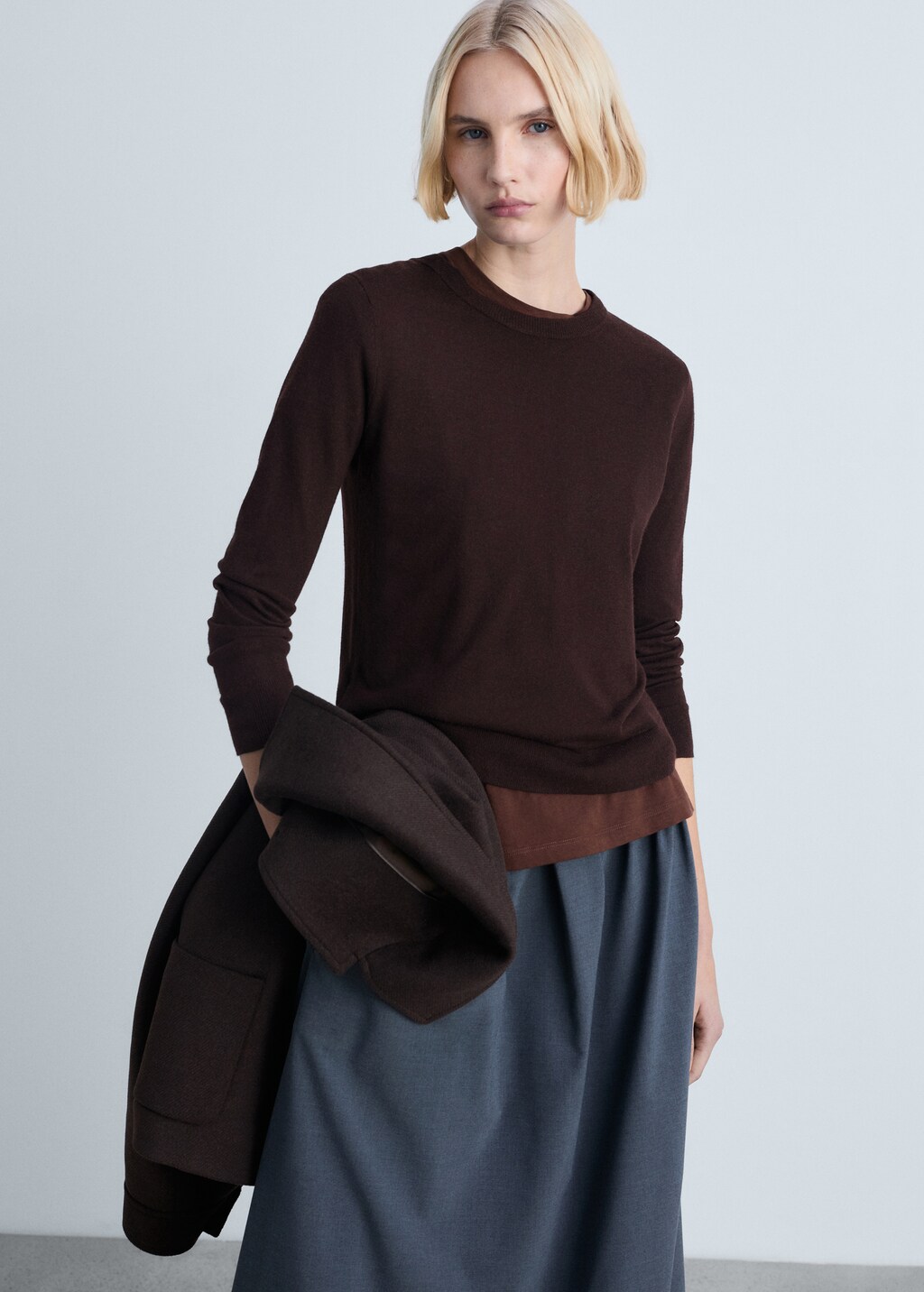 Wool-blend round-neck sweater - Khaki