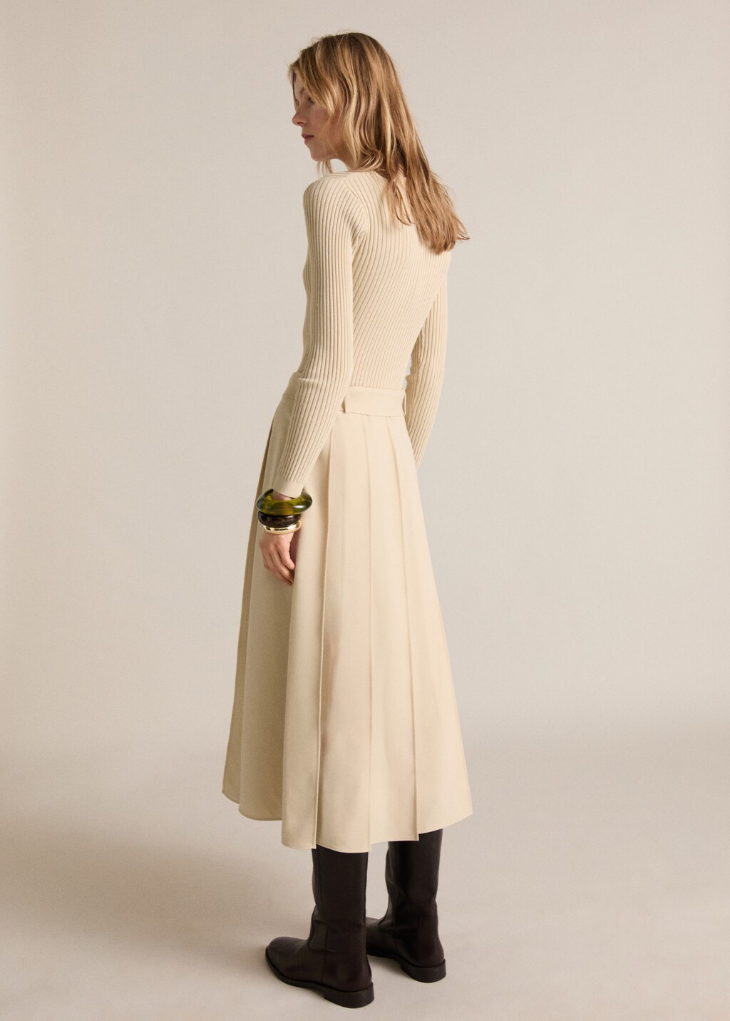 Combined woven dress with belt - Ecru