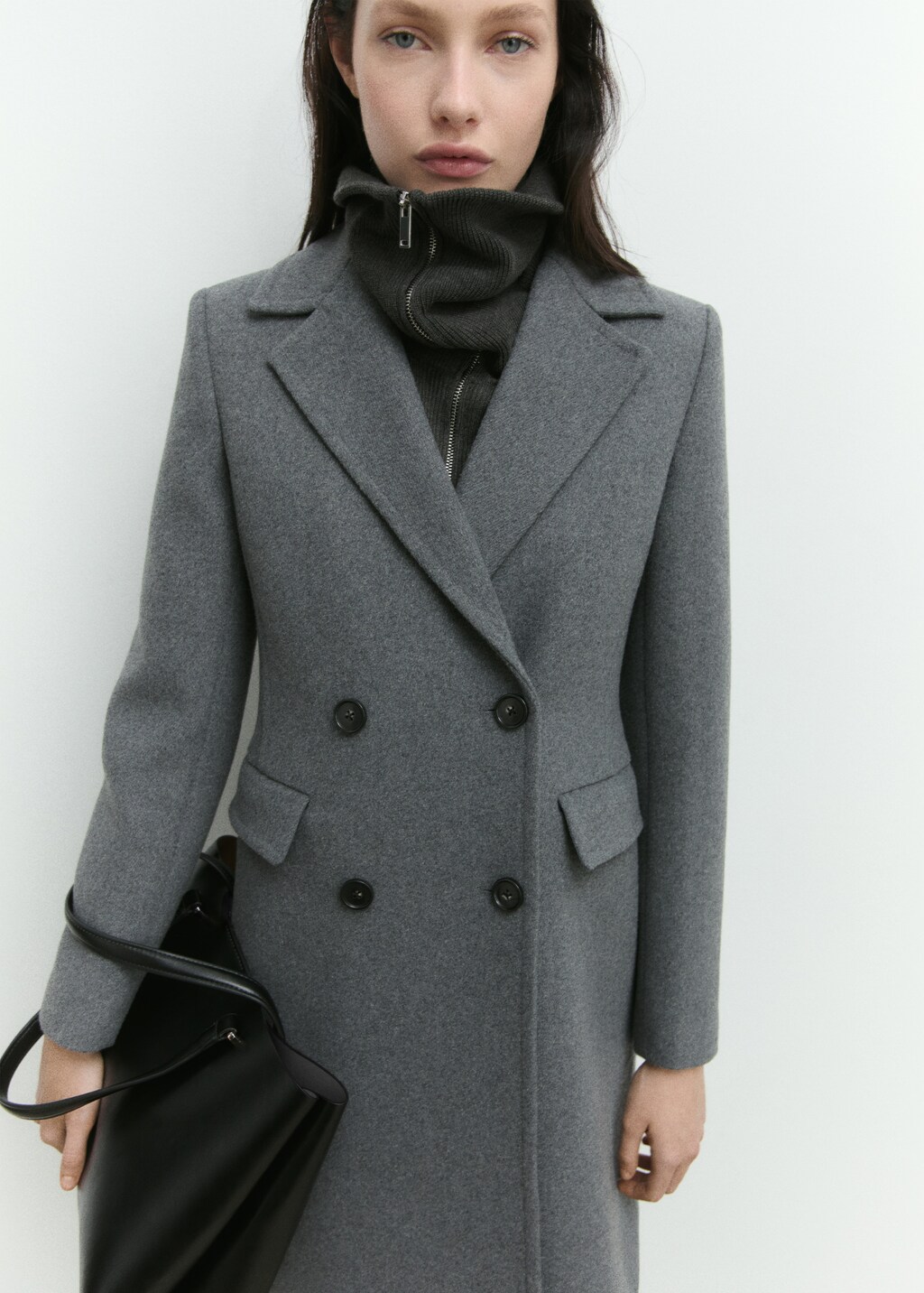 Double-breasted midi wool coat - Black