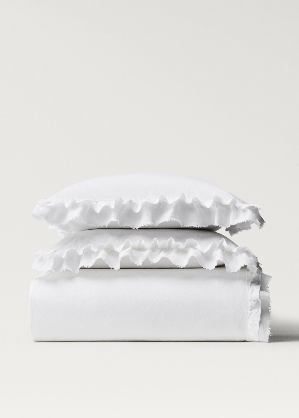 Washed cotton duvet cover with linen ruffle, 150/160 cm - White