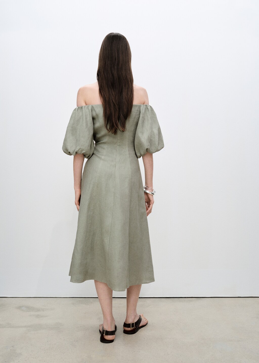 Puffed-sleeve linen dress - Green