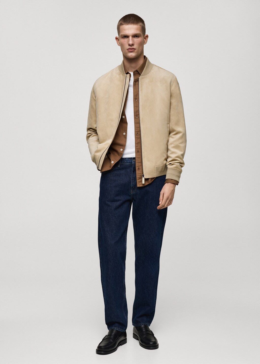 Suede-effect bomber jacket - Cognac