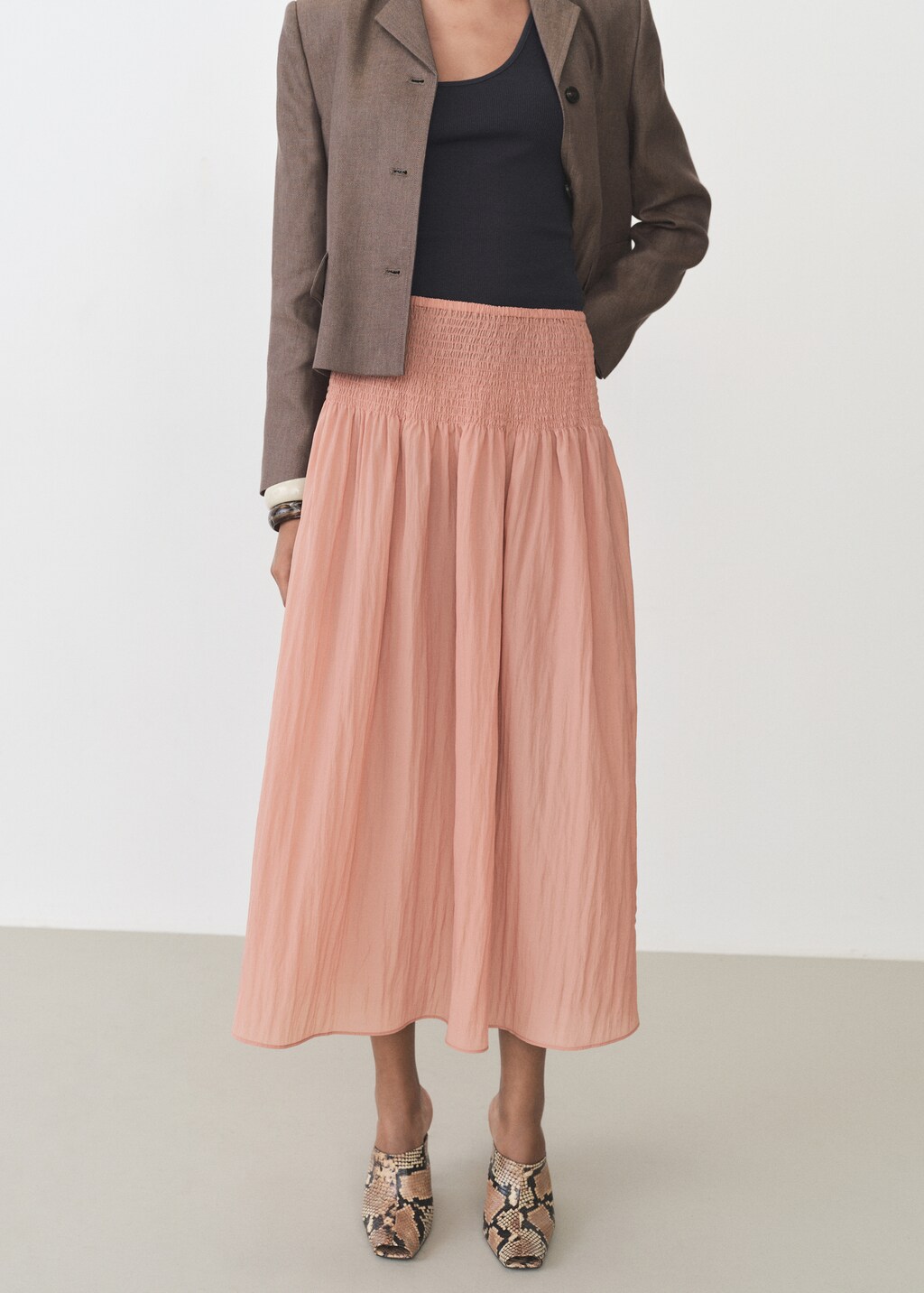Gathered midi-skirt with panels - Pastel Pink