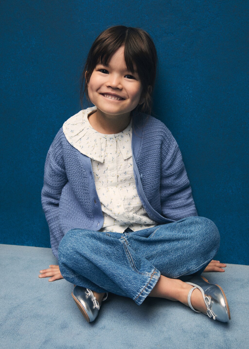 Combination knitted cotton cardigan - Blue