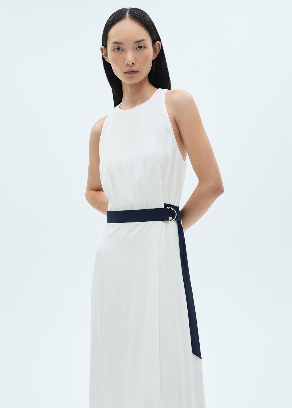 Contrast belt dress - White
