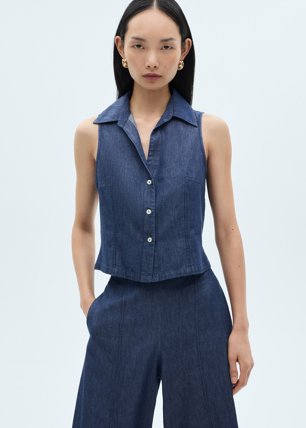 Denim-effect cotton top - Dark Blue