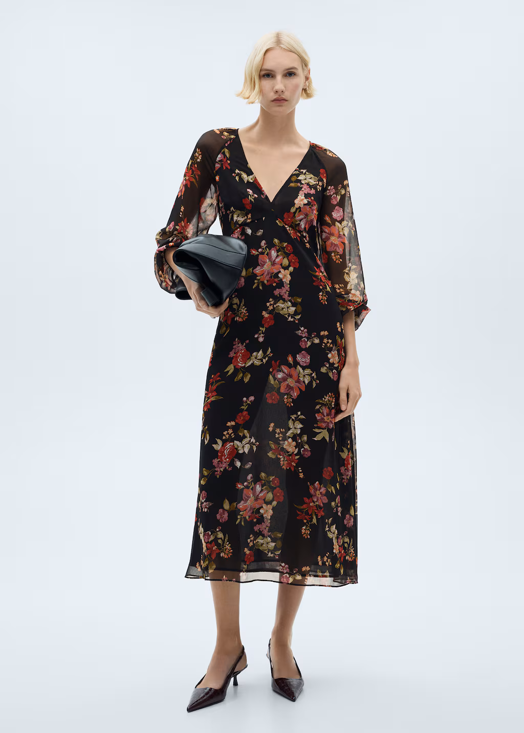 Floral puff-sleeve dress - Black