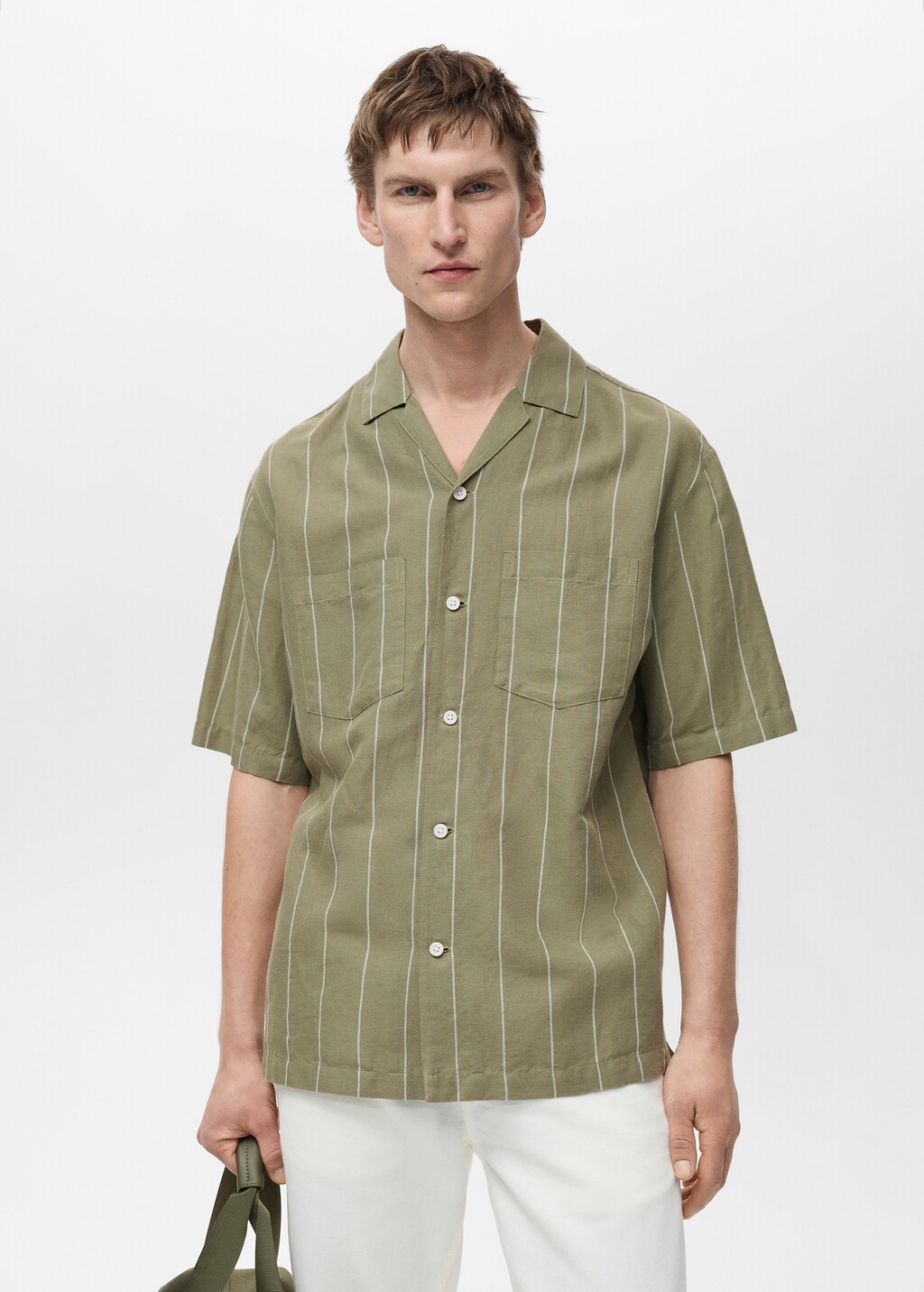 Linen bowling shirt with pinstripes - Green