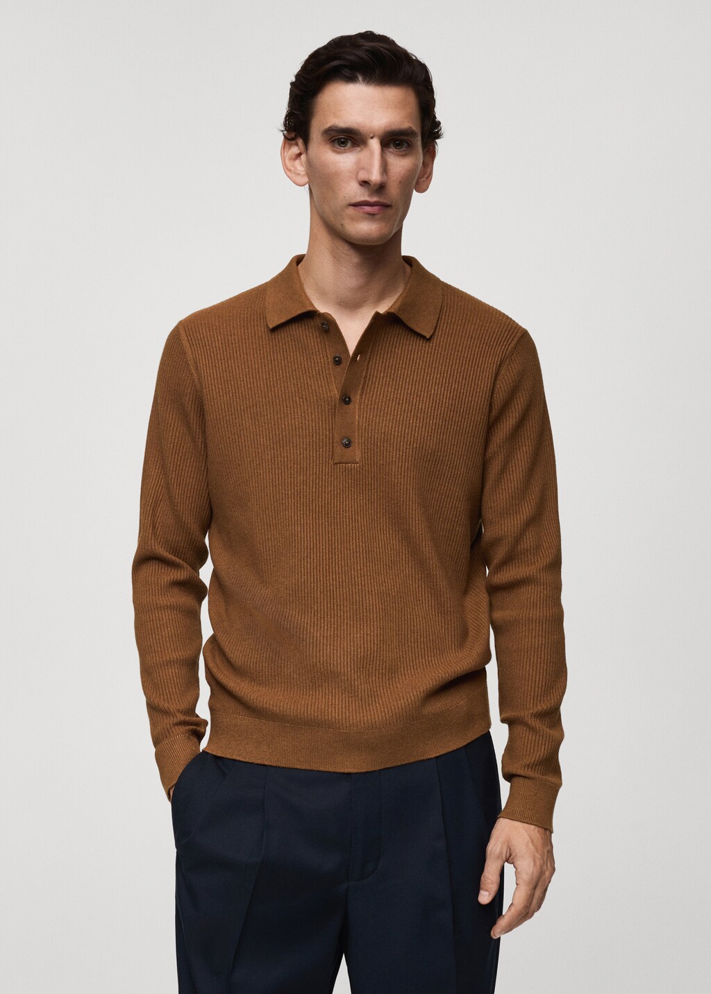 Cotton-blend ribbed polo sweater - Beige