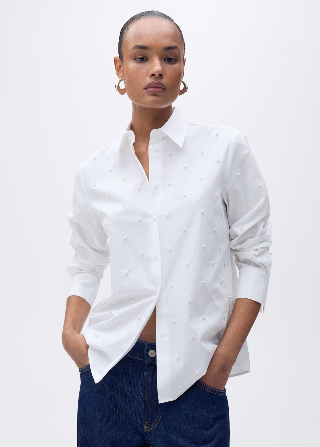 Cotton shirt with pearl detail - White