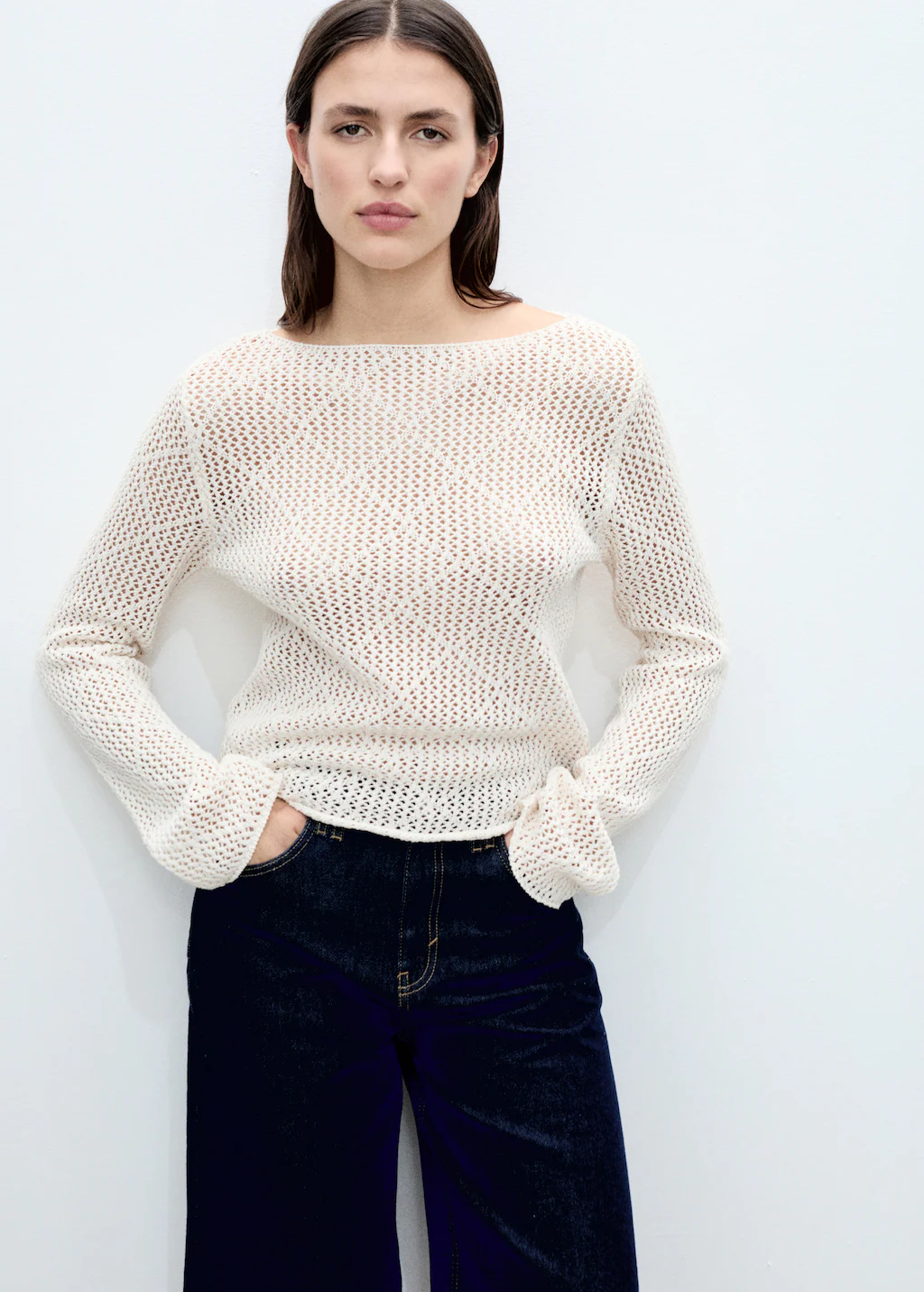 Openwork knit cotton sweater - Chocolate