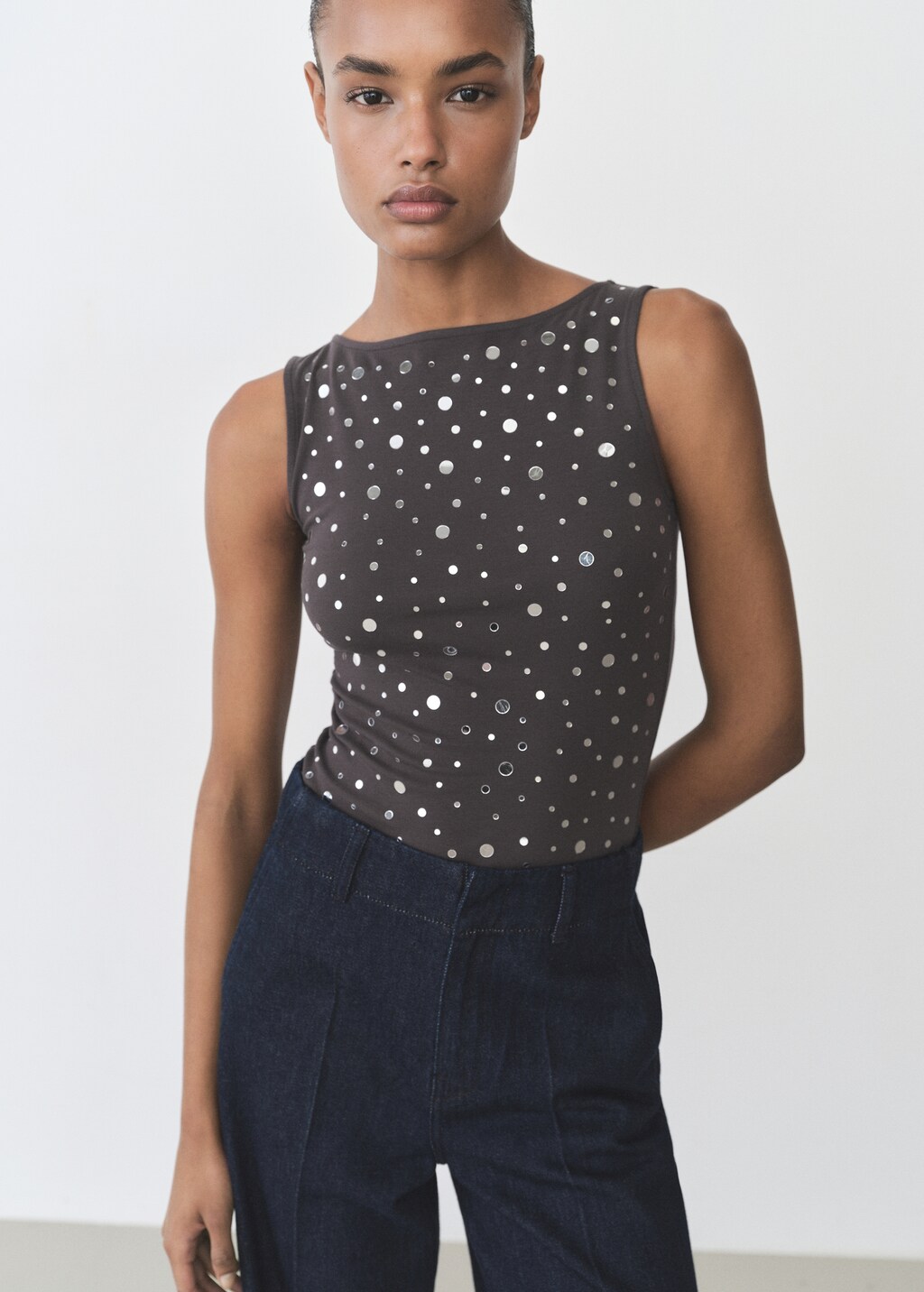 Cotton top with sequin detail - Charcoal