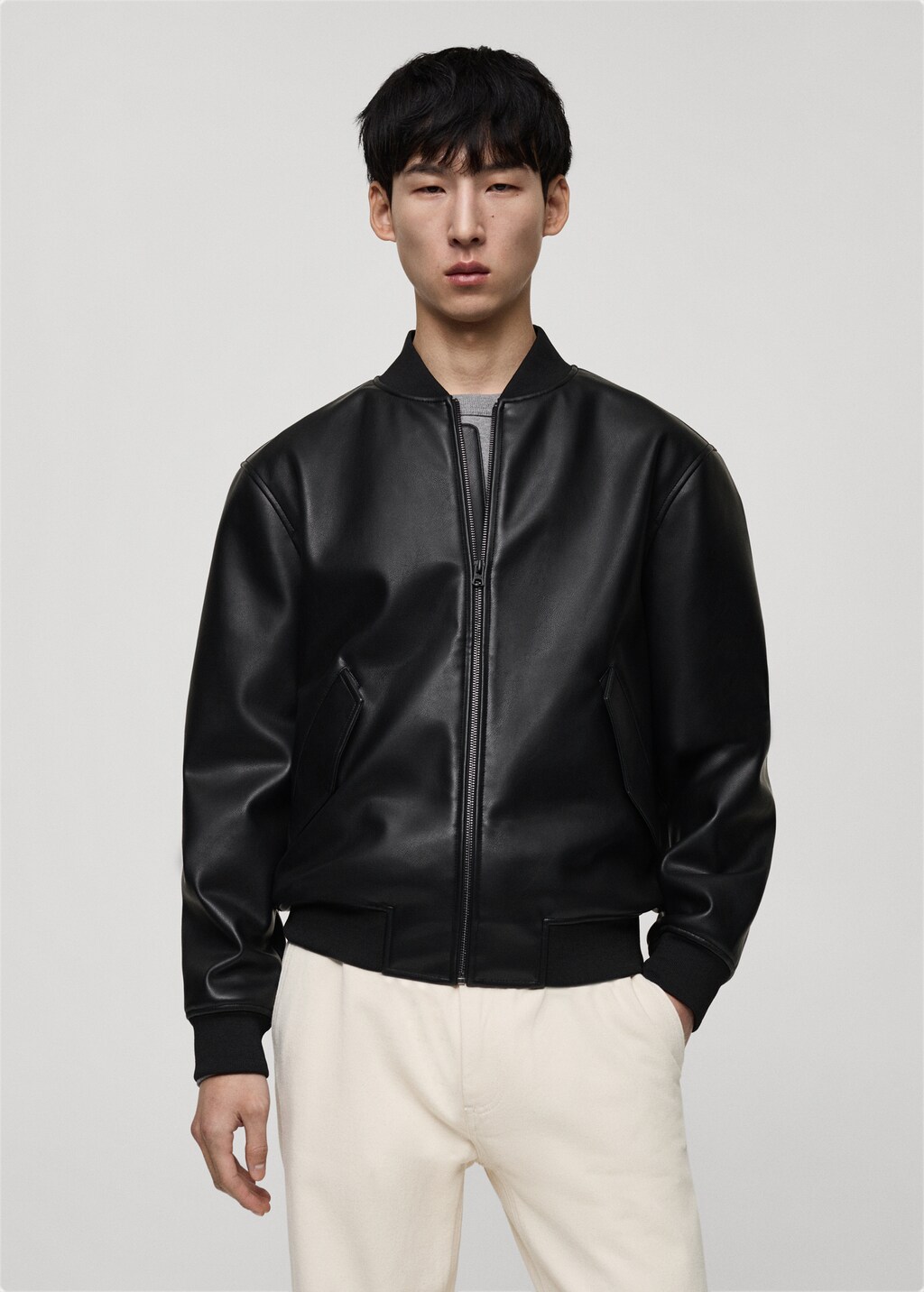 Leather-effect bomber jacket - Black