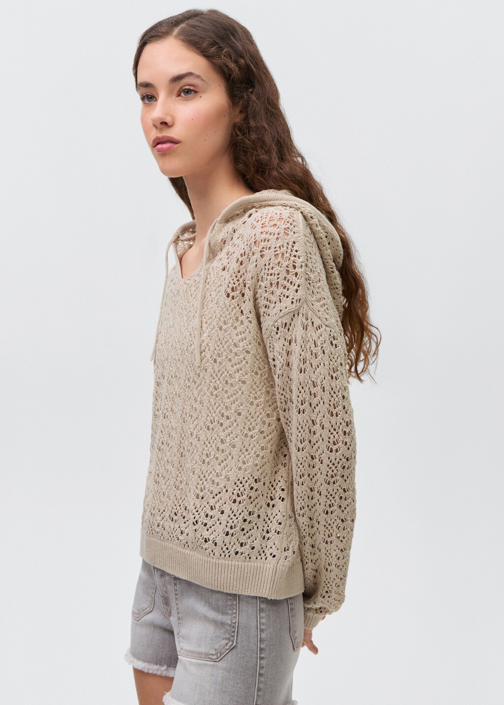 Openwork knitted sweater with hood - Sand