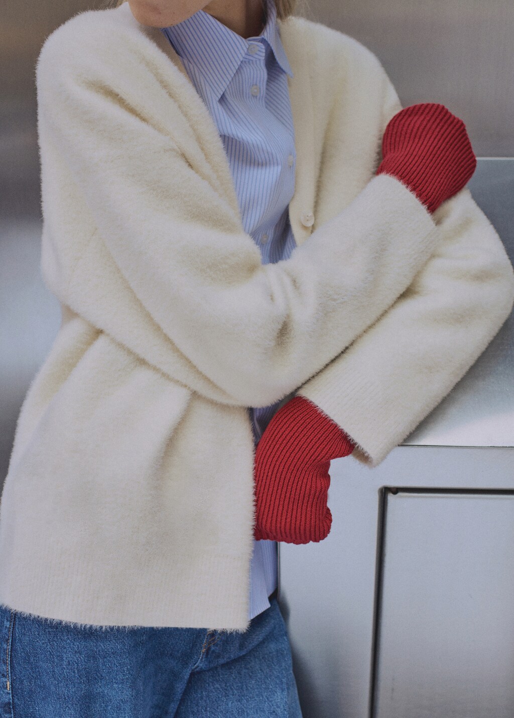 Fur-effect knitted cardigan - Petrol Blue