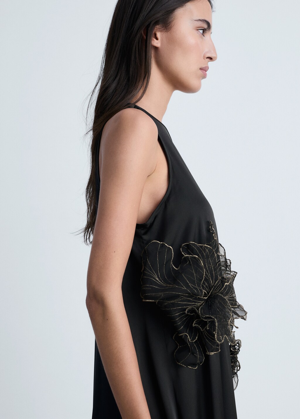 Satin maxi-flower dress - Black