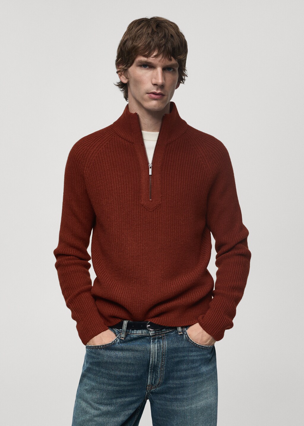 Rib-knit sweater with perkins neck - Burnt Orange