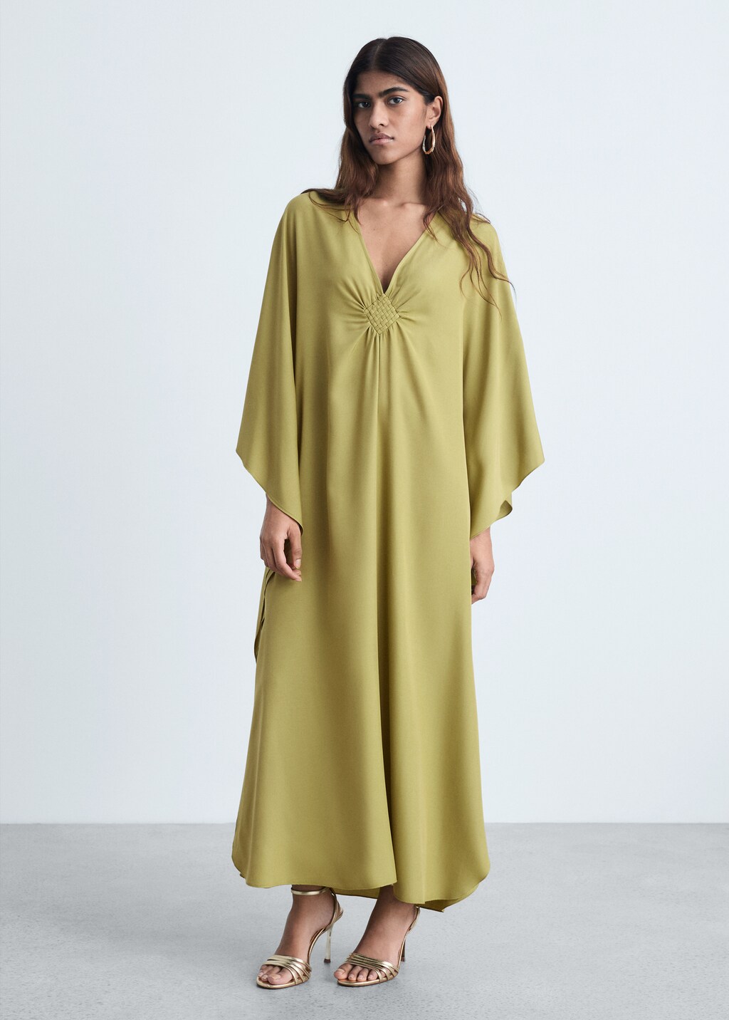 Flared-sleeve satin dress - Olive Green