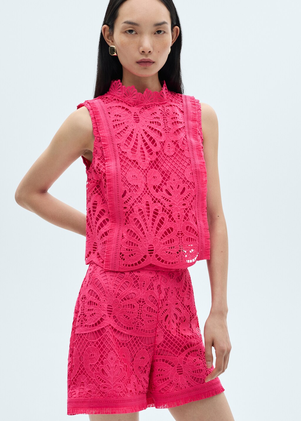 Crochet perkins-neck top - Fuchsia