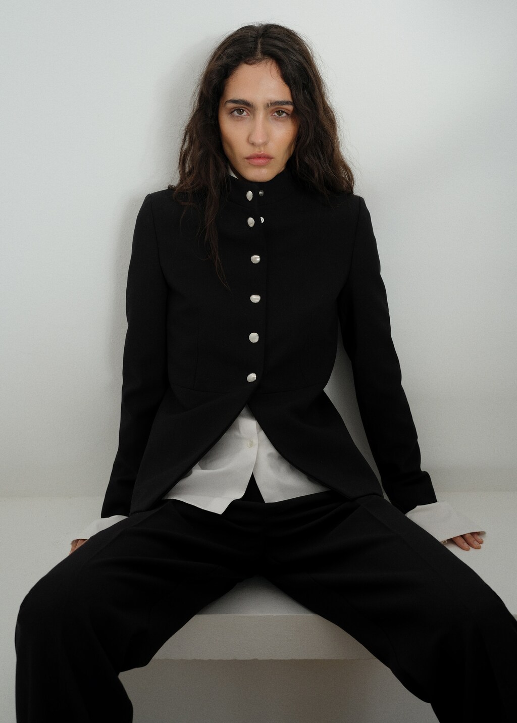 Jacket with jewel-button strip collar - Black