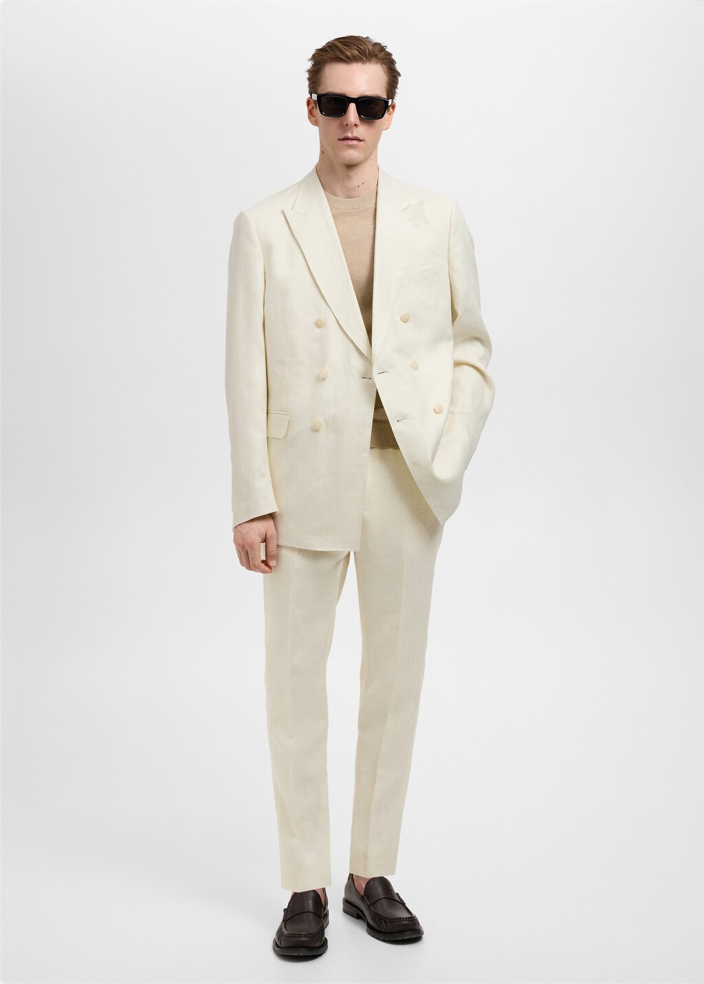100% linen slim-fit double-breasted suit jacket - Ivory White