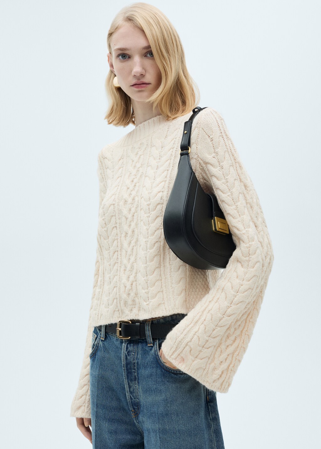 Twisted knitted flared-sleeve sweater - Ecru