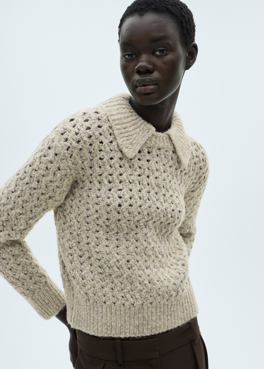 Openwork knitted polo-neck sweater - Sand