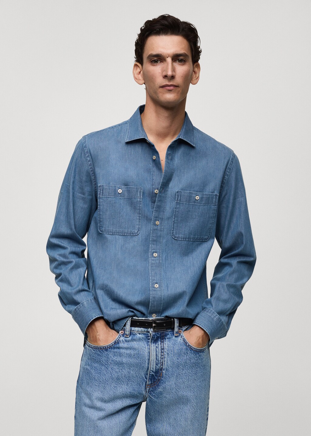 Denim overshirt with regular fit pockets - Medium Blue