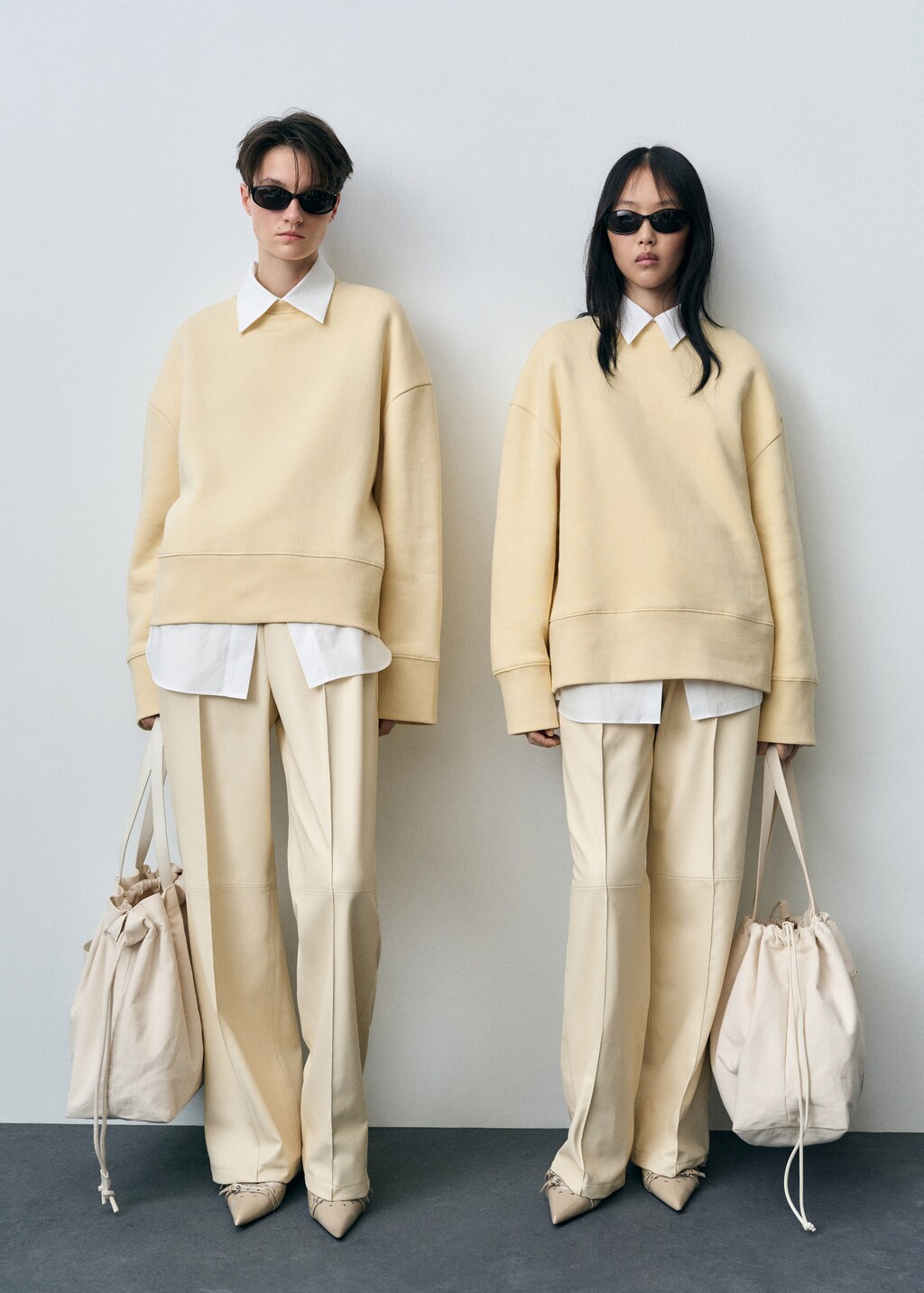 Wideleg leather-effect trousers - Ecru