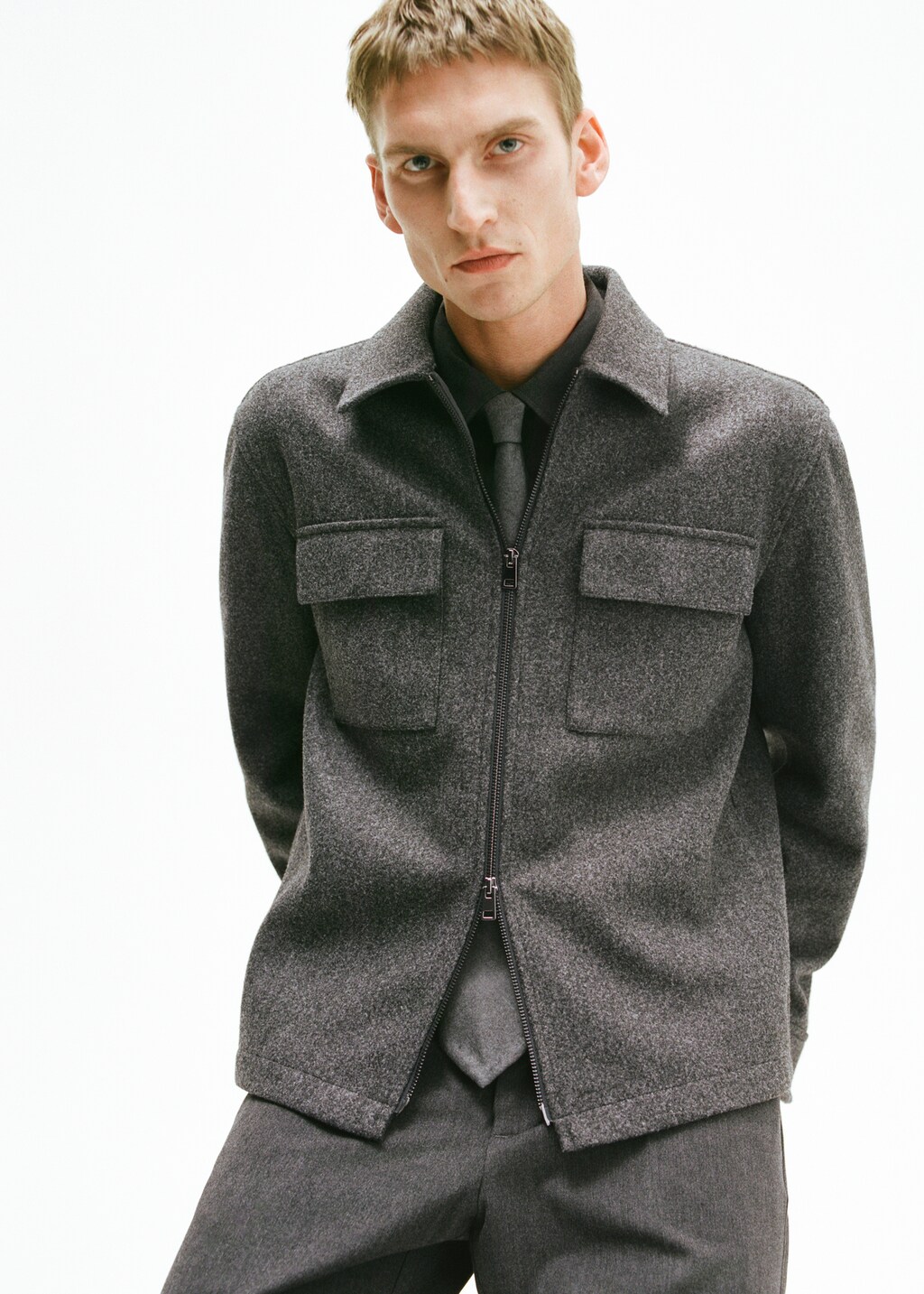 Regular-fit flannel jacket with pockets - Dark Heather Grey