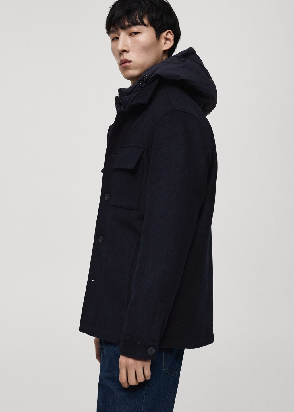 Wool blend coat with detachable hood - Dark Navy