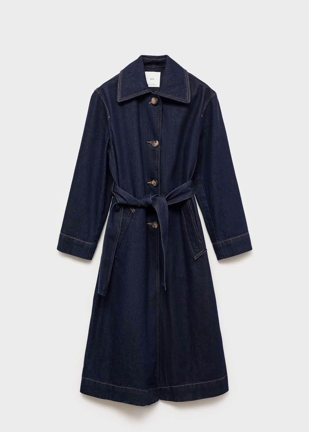 Long rinse-wash denim trench coat - Open Blue